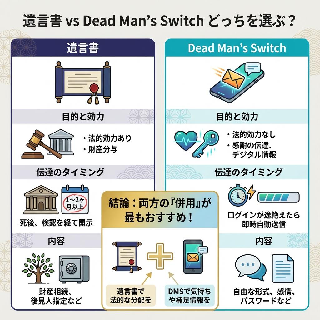 Dead Man's Switch vs 従来の遺言書：デジタル時代の選択